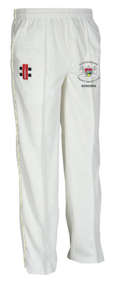 The Gray Nicolls Gloucestershire CCC Seniors Matrix Trouser is a pair of white polyester cricket pants with an elastic waistband and logos on each upper thigh, including the Gloucestershire CCC Seniors crest.