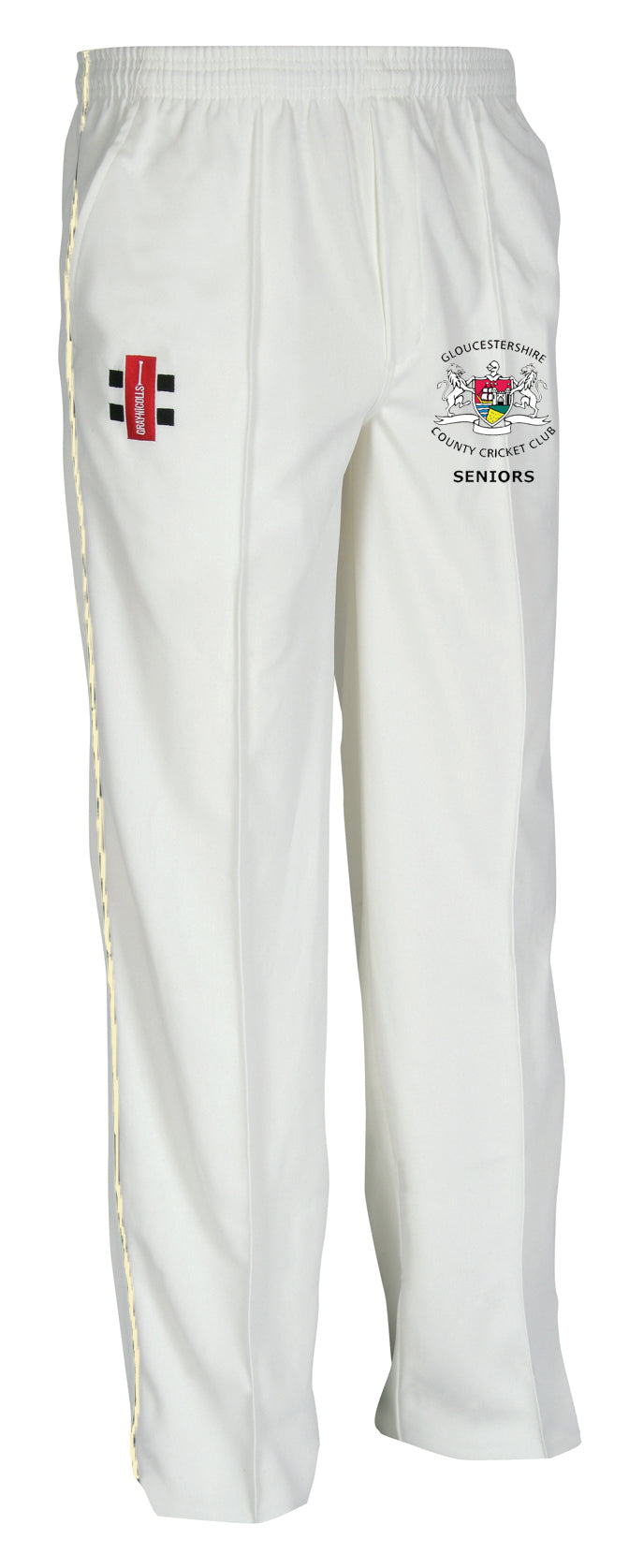 The Gray Nicolls Gloucestershire CCC Seniors Matrix Trouser is a pair of white polyester cricket pants with an elastic waistband and logos on each upper thigh, including the Gloucestershire CCC Seniors crest.