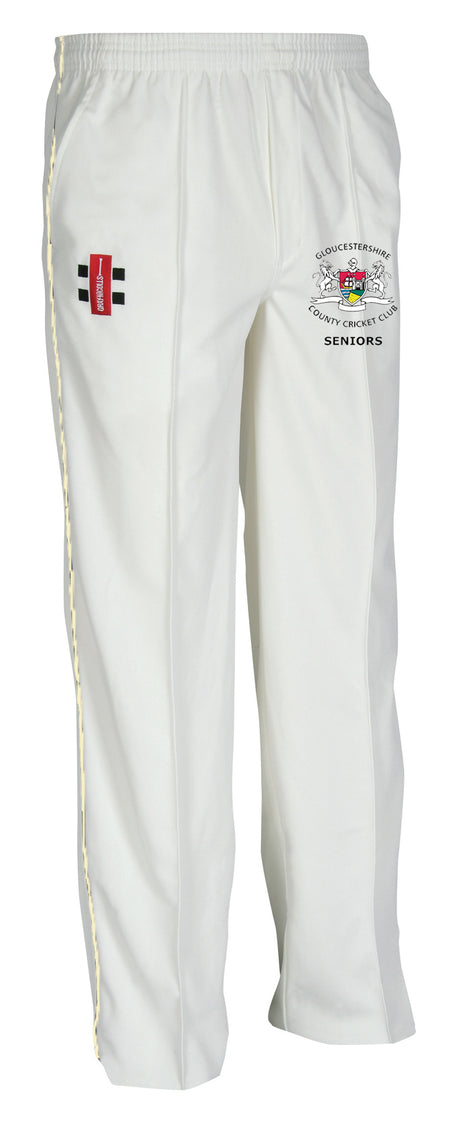 The Gray Nicolls Gloucestershire CCC Seniors Matrix Trouser is a pair of white polyester cricket pants with an elastic waistband and logos on each upper thigh, including the Gloucestershire CCC Seniors crest.