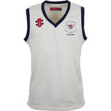 The Gray Nicolls Gloucestershire CCC Seniors Pro Performance Slipover is a sleeveless white cricket slipover with navy trim, club logo, Seniors text, and two sponsor logos on the chest—perfect for dedicated supporters.