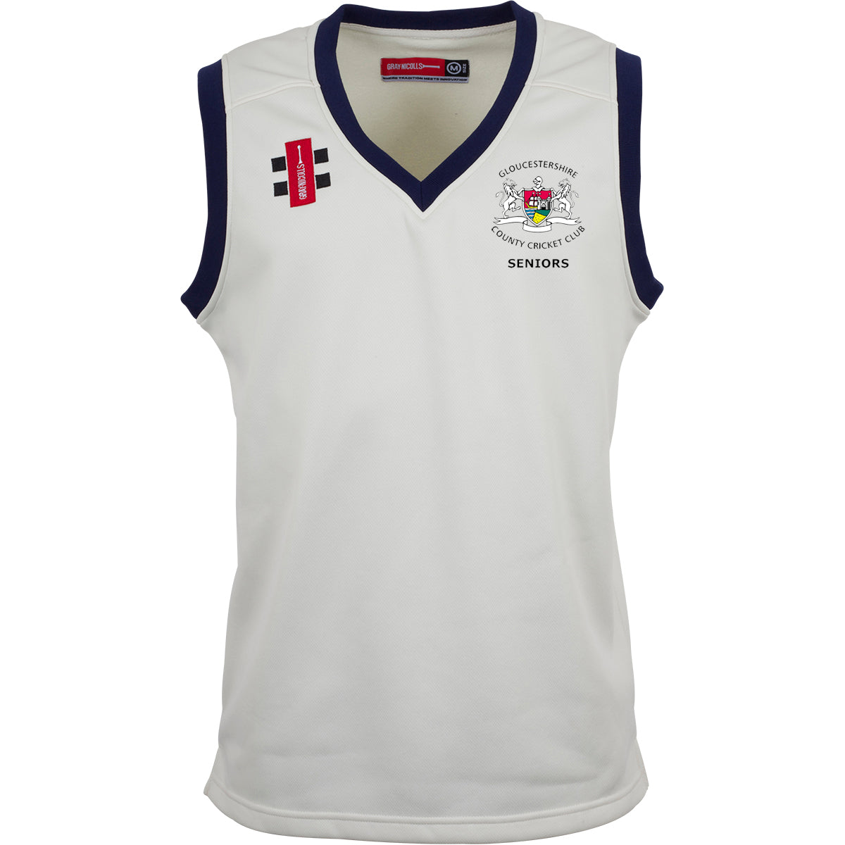 The Gray Nicolls Gloucestershire CCC Seniors Pro Performance Slipover is a sleeveless white cricket slipover with navy trim, club logo, Seniors text, and two sponsor logos on the chest—perfect for dedicated supporters.
