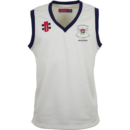 The Gray Nicolls Gloucestershire CCC Seniors Pro Performance Slipover is a sleeveless white cricket slipover with navy trim, club logo, Seniors text, and two sponsor logos on the chest—perfect for dedicated supporters.