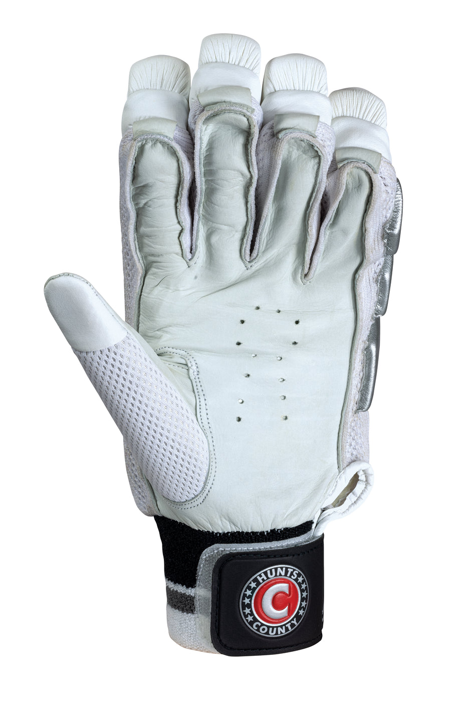 The Hunts County Maximo Batting Gloves feature high-density foam padding, mesh thumb, black adjustable strap, and a circular red-and-white Hunts County logo on the wrist. The palm faces forward to showcase these quality cricket gloves.