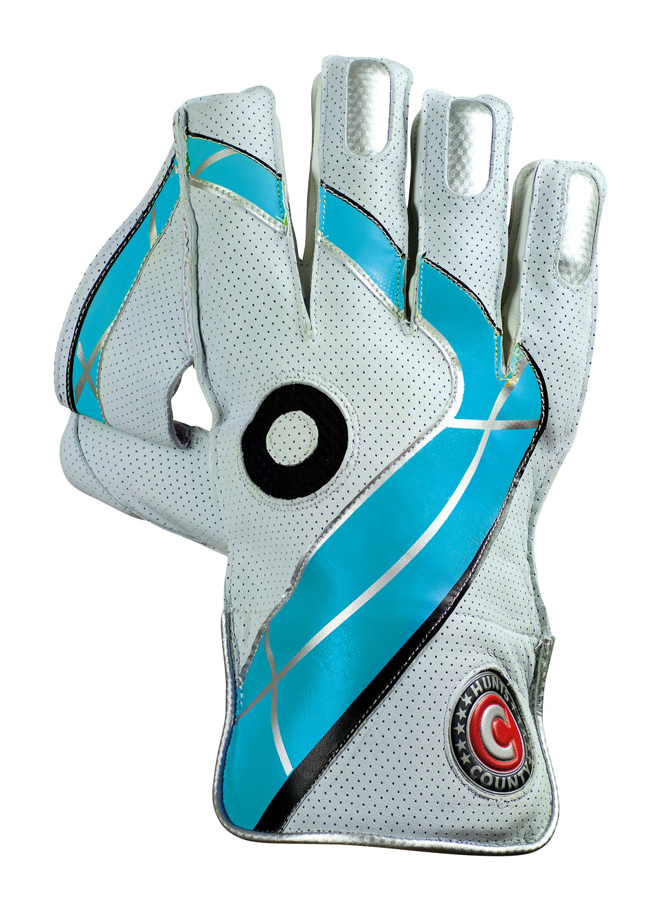 The Hunts County Calidus Wicket Keeping Glove by Hunts County is white with blue and black accents, features a perforated texture, Pittards leather for grip, and a circular black-and-white logo near the wrist, shown on a white background.