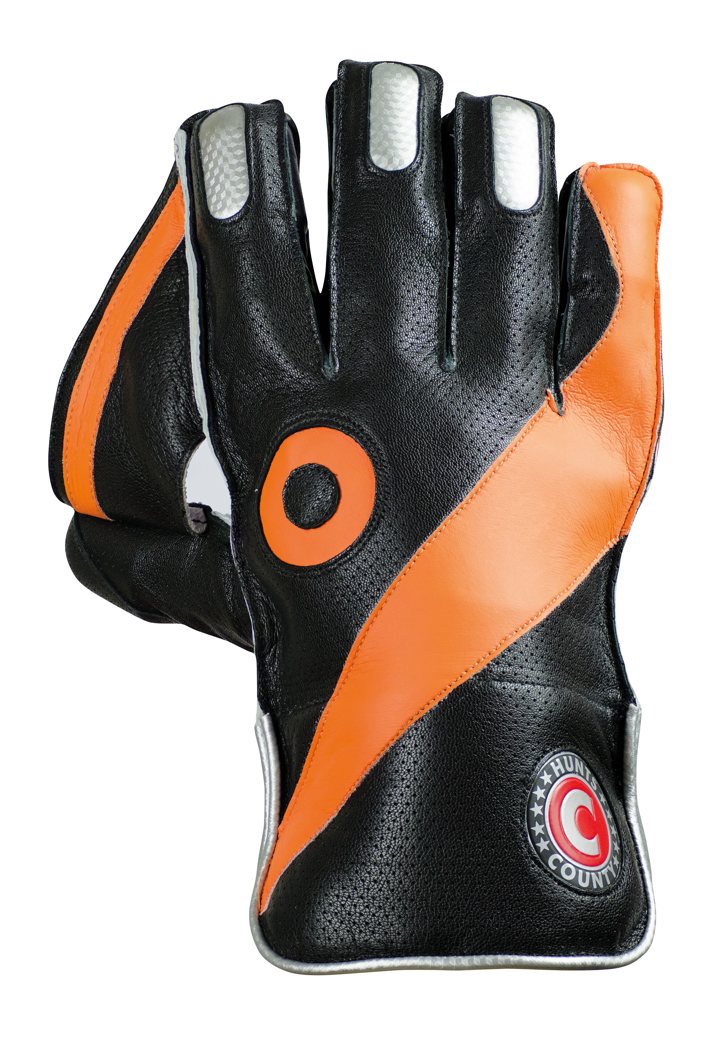 The Hunts County Xero Wicket Keeping Gloves feature black octopus grip, orange diagonal stripes, white fingertip accents, a circular orange design, and a wrist patch reading “COUNTY” with a red “C”, by Hunts County.