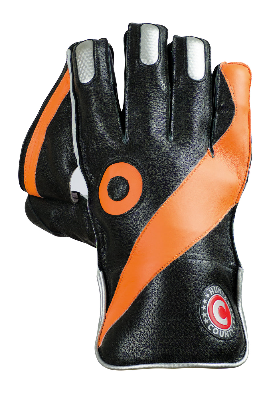 The Hunts County Xero Wicket Keeping Gloves feature black octopus grip, orange diagonal stripes, white fingertip accents, a circular orange design, and a wrist patch reading “COUNTY” with a red “C”, by Hunts County.