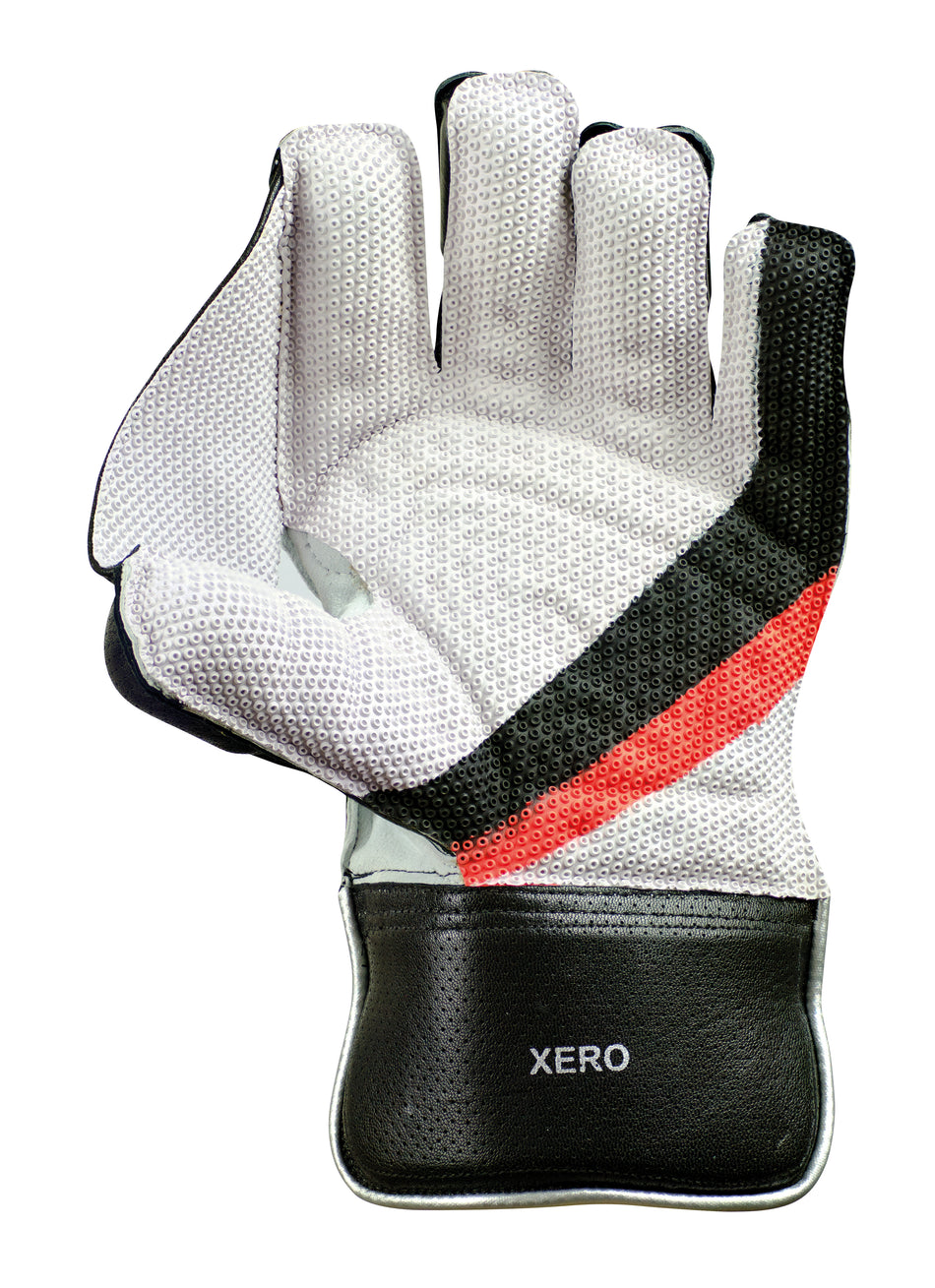 The Hunts County Xero Wicket Keeping Gloves feature a white design with black and red diagonal stripes, black wrist trim, "XERO" near the cuff, and octopus grip technology for superior control. Palm is shown facing up. Brand: Hunts County.