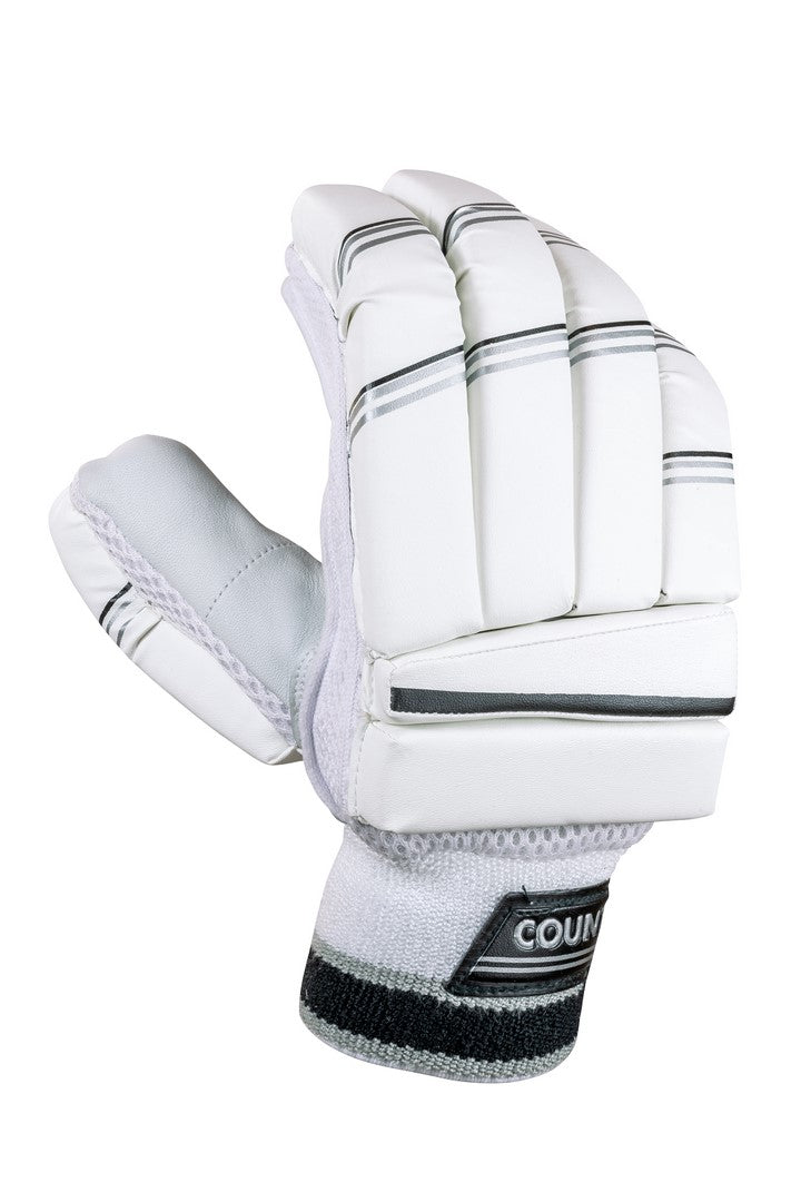 The Hunts County Envy Junior Batting Gloves by Hunts County are white with black and gray stripes, padded fingers, a black-and-gray COUNT wristband, and a full leather palm for comfort, durability, and lightweight wrist protection.