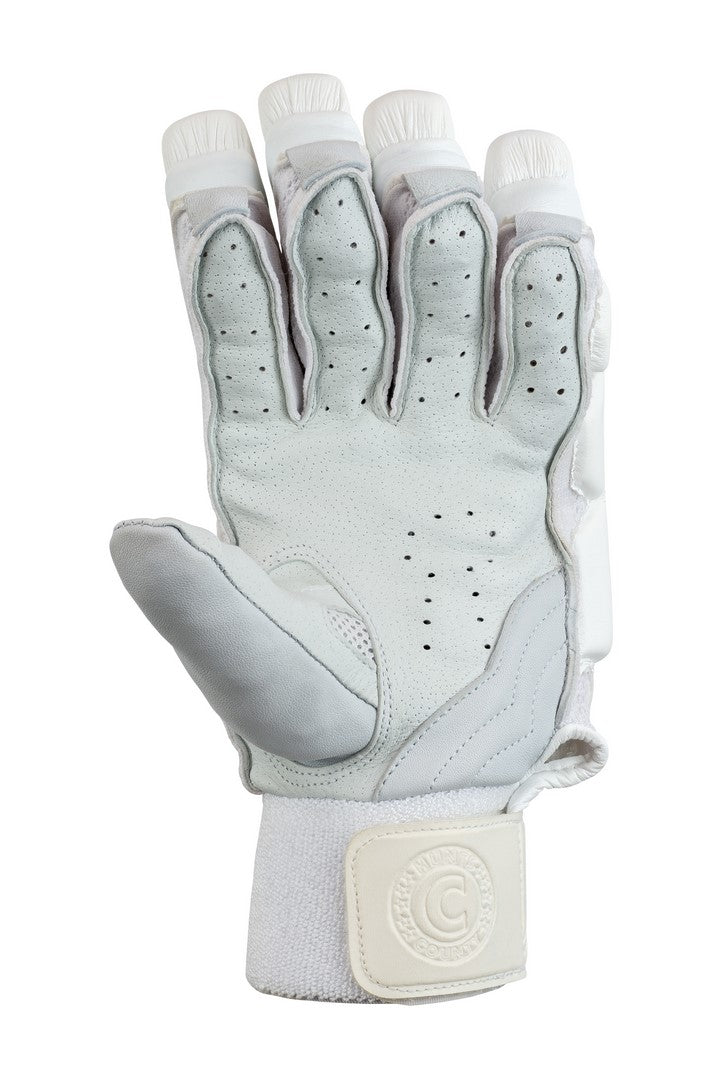 The Hunts County Players Edition Batting Gloves feature high density foam protection, ventilation holes, a textured pittards leather palm, reinforced fingers, and a Velcro wrist strap with the Hunts County logo, shown palm-up on a white background.