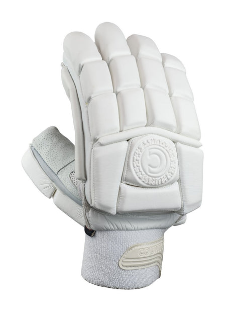The Hunts County Players Edition Batting Gloves feature protective segments, a pittards leather palm for enhanced grip, and an embossed branded wristband—ideal for cricket and other sports.