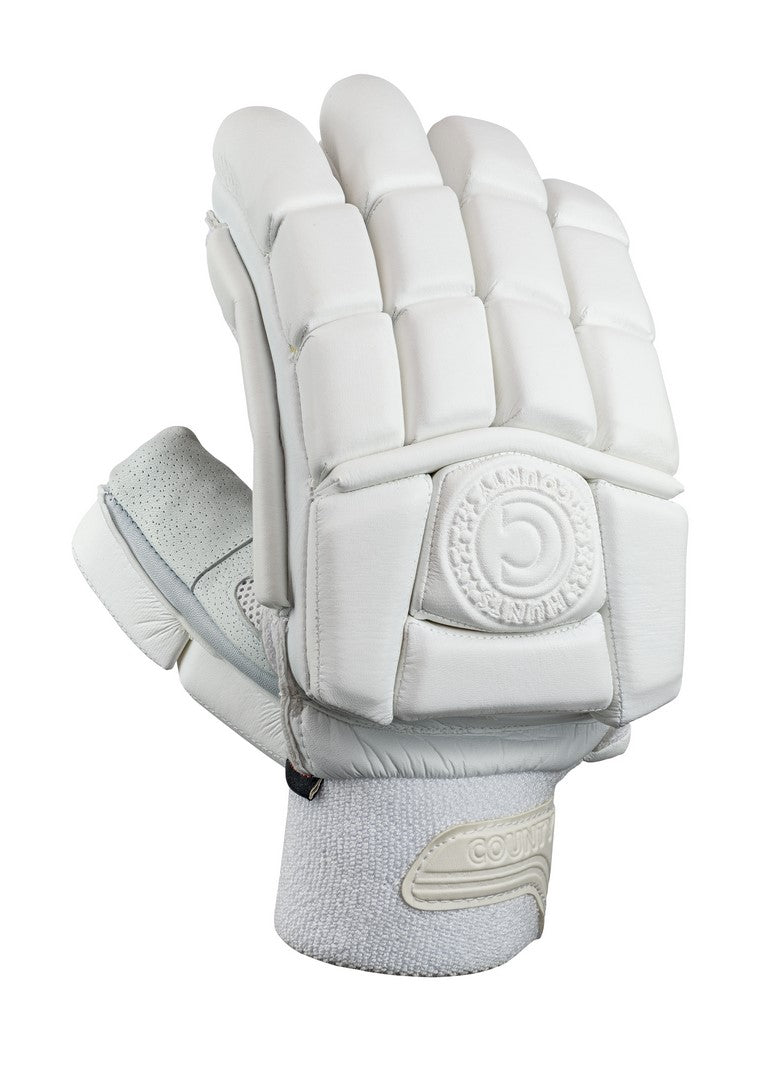 The Hunts County Players Edition Batting Gloves feature protective segments, a pittards leather palm for enhanced grip, and an embossed branded wristband—ideal for cricket and other sports.