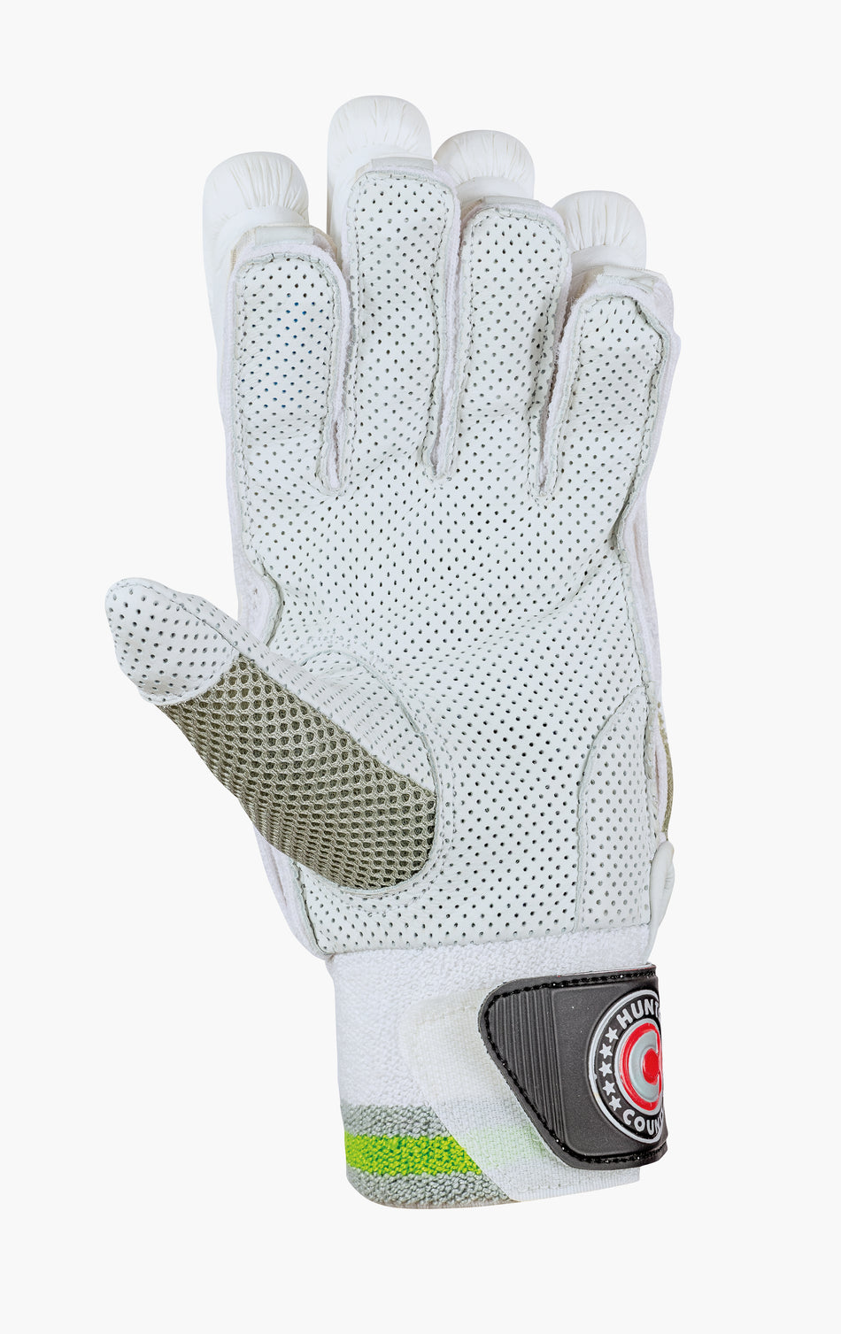 The Hunts County Tekton Batting Gloves by Hunts County feature a white, perforated design with gray thumb foam, a black and red Velcro wrist strap, and a green wrist accent, shown palm-side up.