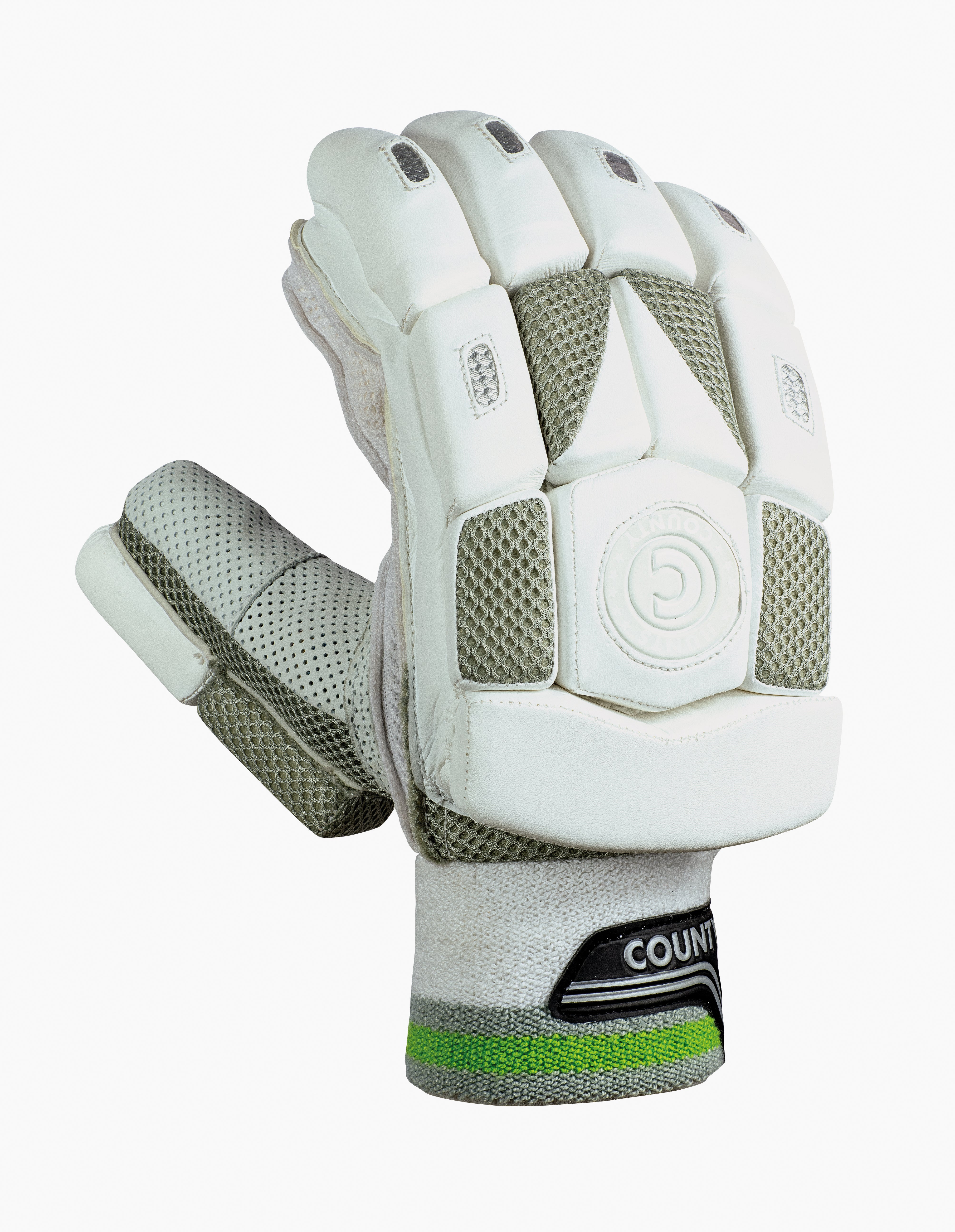 The Hunts County Tekton Batting Gloves by Hunts County are white and gray with mesh ventilation, reinforced knuckles, foam protection, and a secure Velcro wristband. Displayed upright on a plain white background, they're designed for hand safety.