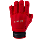 The Grays Touch Pro Hockey Glove, shown palm-down on a white background, is red with padded fingers for added coverage and features a black adjustable TOUCH HI wrist strap and a red Grays logo on the back.