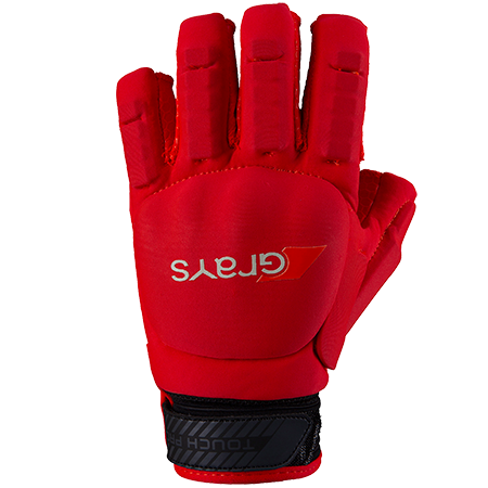 The Grays Touch Pro Hockey Glove, shown palm-down on a white background, is red with padded fingers for added coverage and features a black adjustable TOUCH HI wrist strap and a red Grays logo on the back.