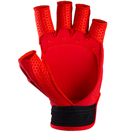 The Grays Touch Pro Hockey Glove by Grays features a bright red, fingerless design with honeycomb-patterned fingers, knuckle armour, and a black adjustable wrist strap, shown palm up on a plain white background.