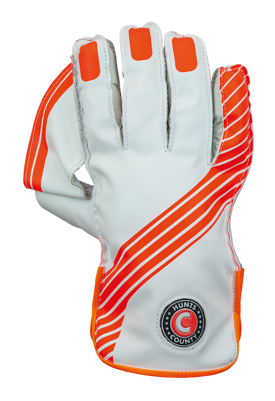 The Hunts County Envy Wicket Keeping Gloves feature a white and orange design with red stripes, padded cuff, neoprene pimple facing, and a Hunts County logo patch on the wrist, shown against a white background.