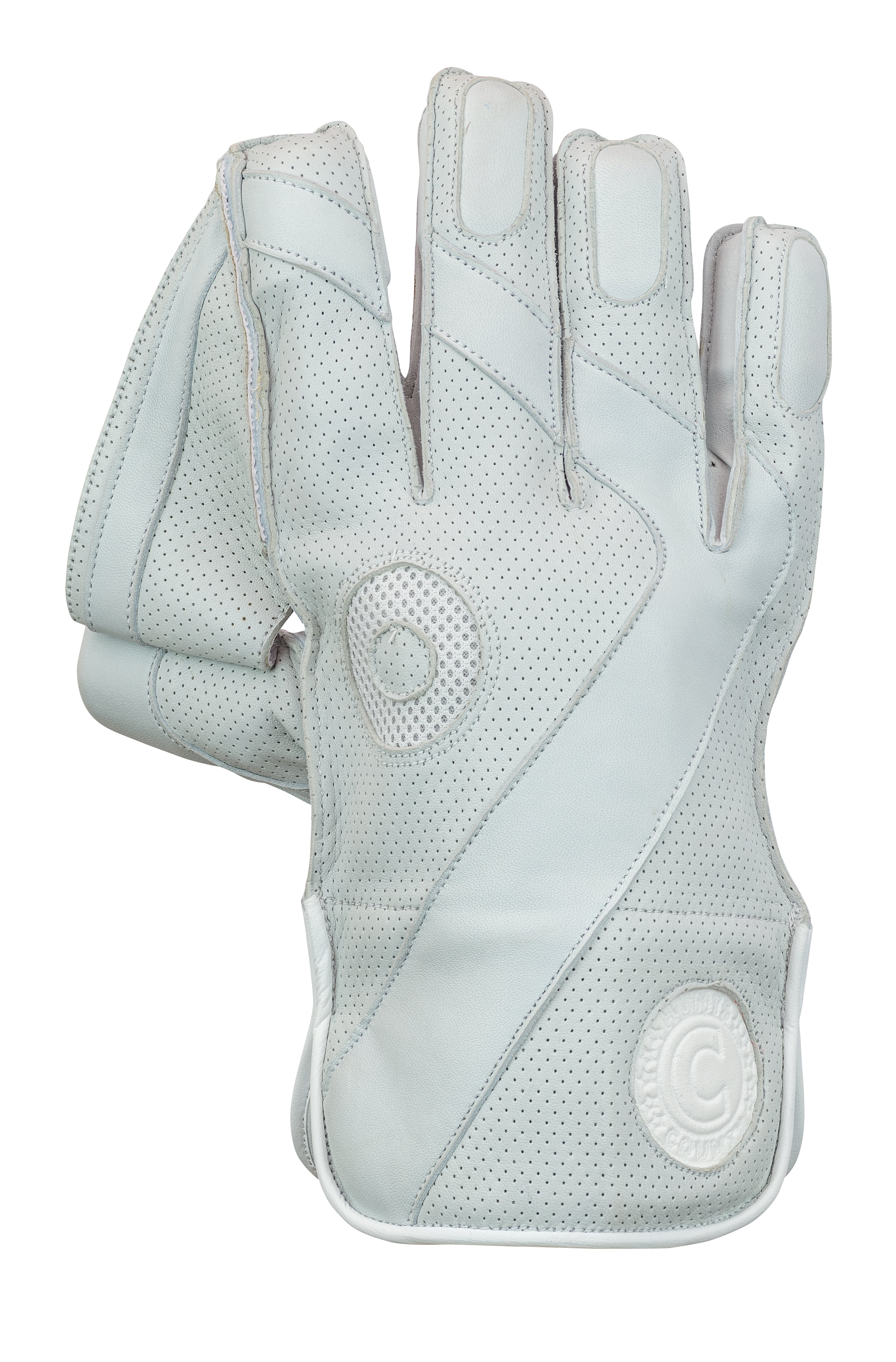 The Hunts County Players Grade WK Glove by Hunts County is a pair of white Pittards leather wicket keeping gloves with perforated texture and stitched circular patterns on the palm and wrist, designed for cricket and extra grip.