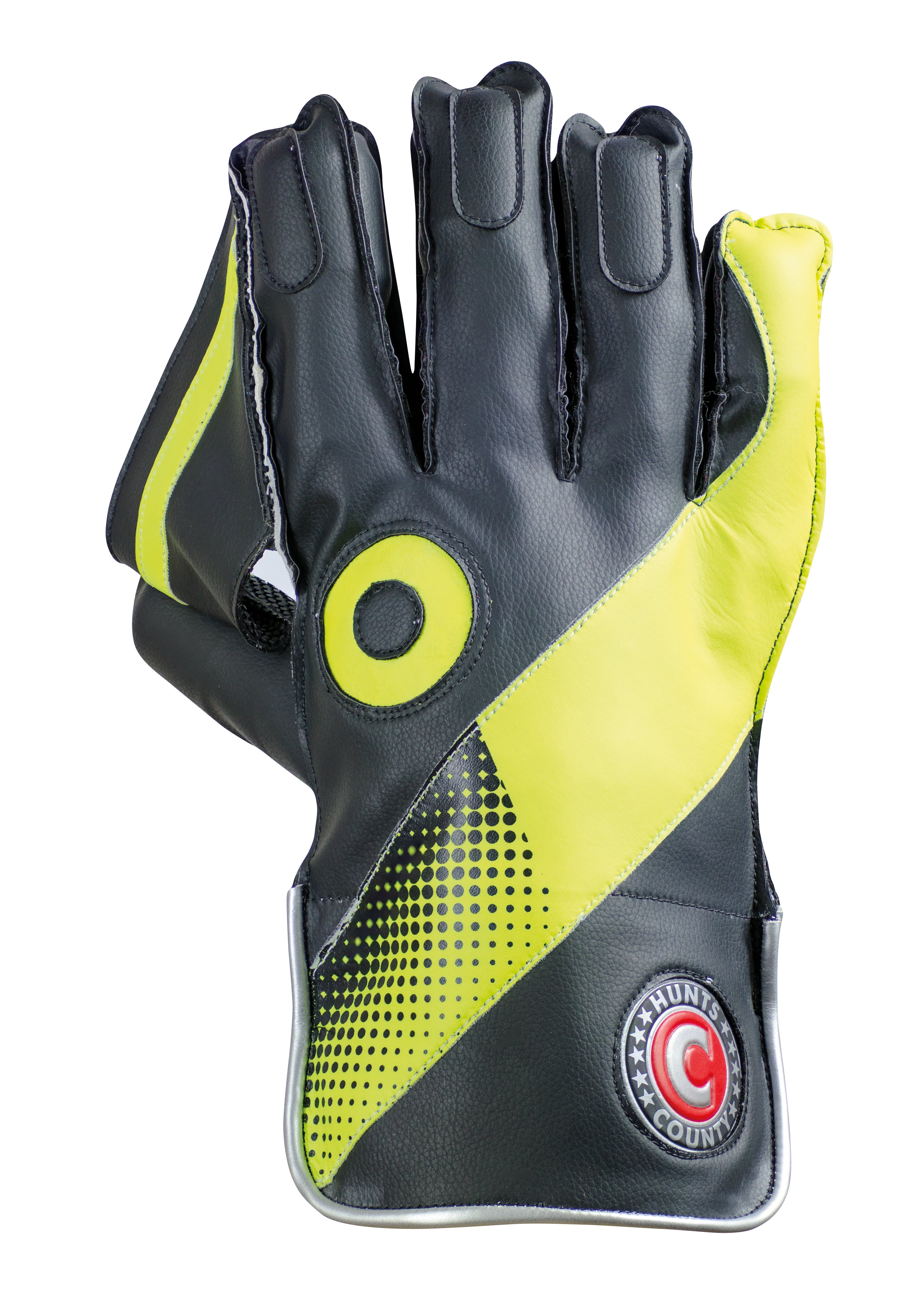 The Hunts County Neo Wicket Keeping Gloves feature black and yellow neoprene, modern patterns, protective padding, a padded cuff for added comfort, and display the circular Hunts County logo on the wrist strap.