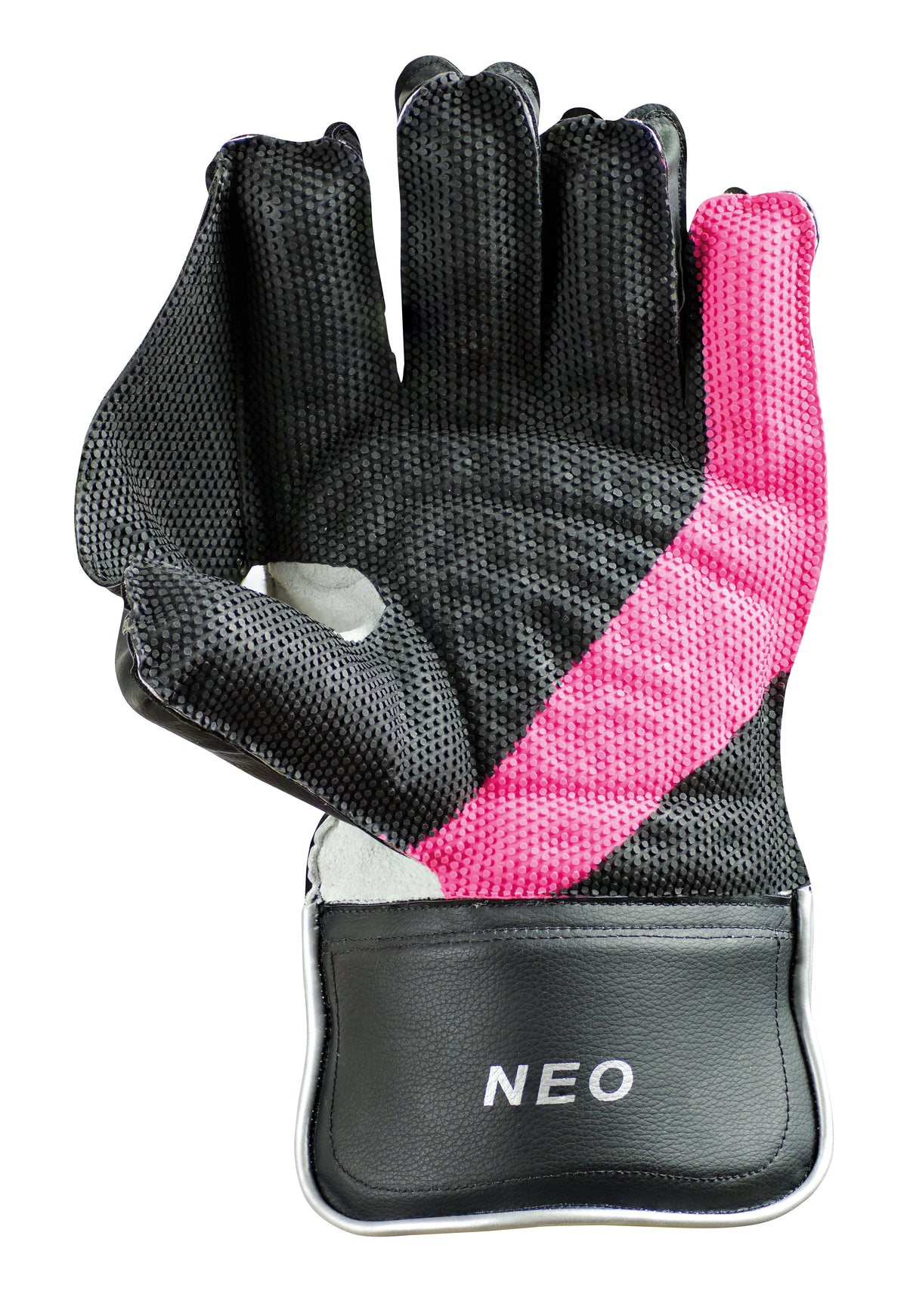 The Hunts County Neo Wicket Keeping Gloves by Hunts County feature a black and pink textured design, "NEO" branding on the black wrist strap, and are shown palm up against a white background.