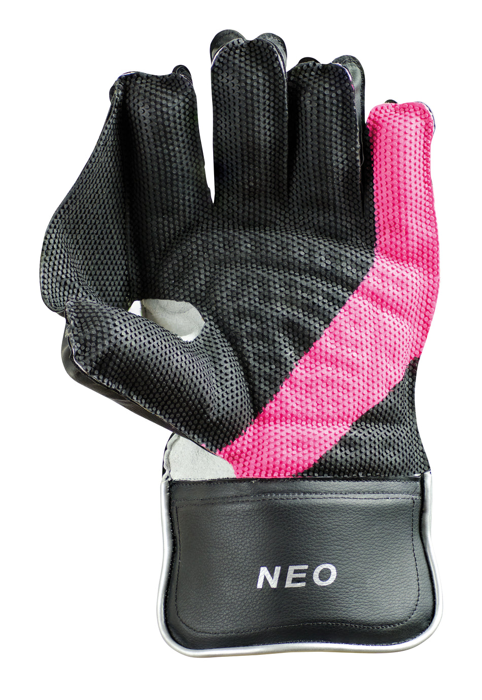 The Hunts County Neo Wicket Keeping Gloves by Hunts County feature a black and pink textured design, "NEO" branding on the black wrist strap, and are shown palm up against a white background.