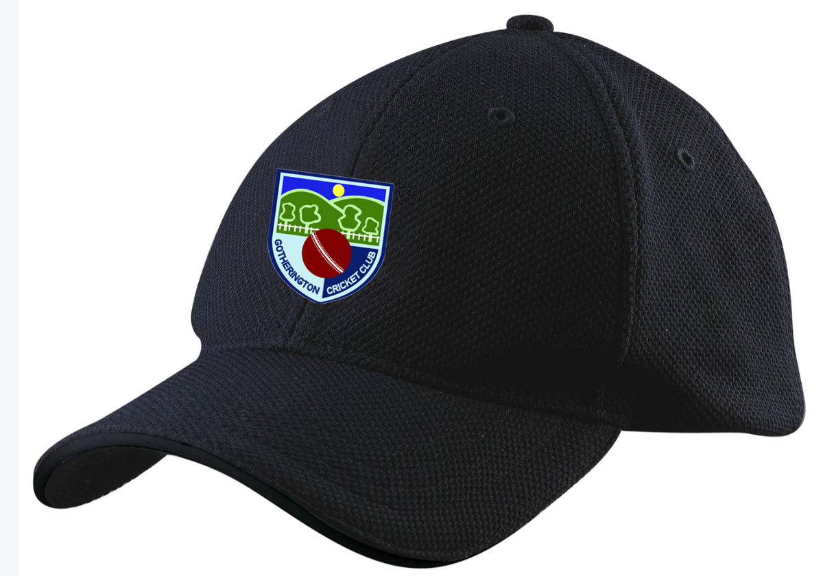 The Gray Nicolls Gotherington CC Cricket Cap is black with an embroidered badge of green trees, a bat and ball, plus "Covington Cricket Club". Adjustable for a comfortable fit—perfect for any cricket fan.