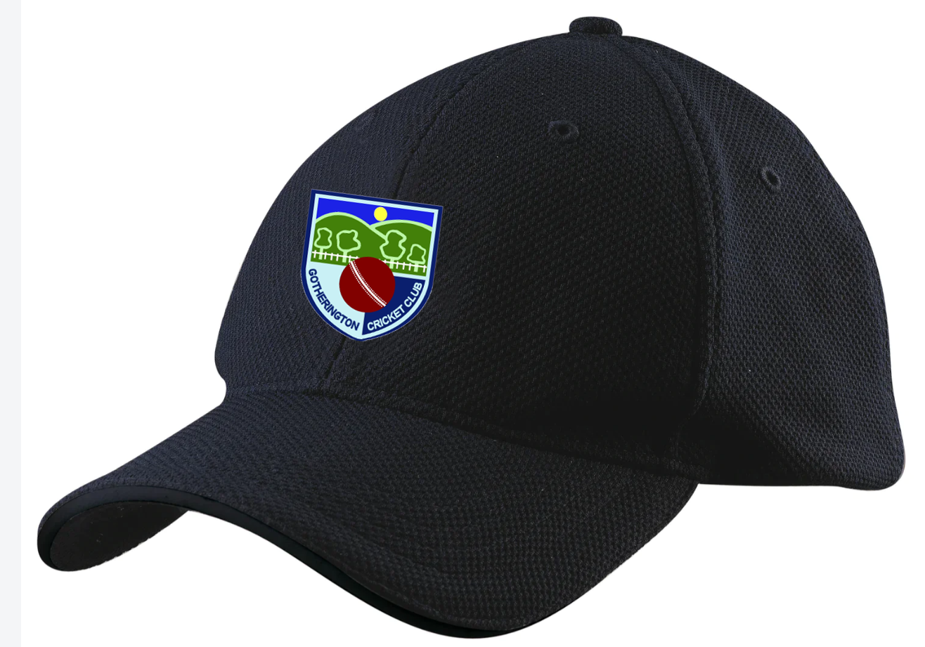 The Gray Nicolls Gotherington CC Cricket Cap is black with an embroidered badge of green trees, a bat and ball, plus "Covington Cricket Club". Adjustable for a comfortable fit—perfect for any cricket fan.