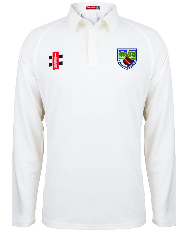 The Gotherington CC Matrix V2 Long Sleeved Playing Shirt by Gray Nicolls features a fold-over collar, red sponsor logo on the left chest, black and white squares on the right chest, and a blue-green club crest, all in breathable sportswear fabric.