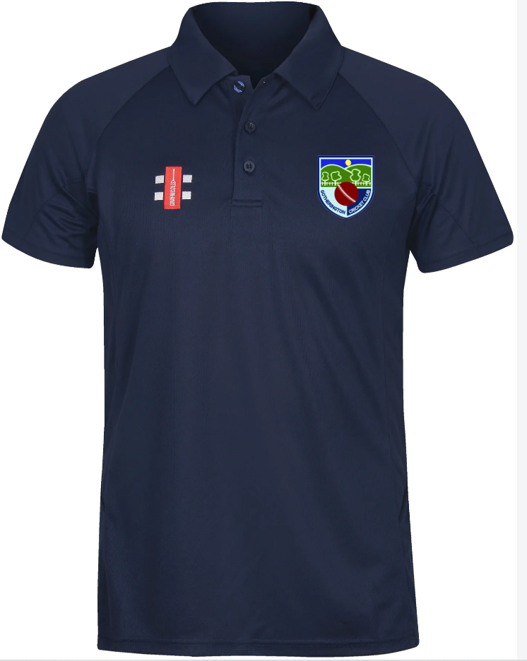 The Gray Nicolls Gotherington CC Matrix V2 Polo Shirt is a navy blue, short-sleeved polo with a buttoned collar, cricket badge on the left chest, Club Logo on the right, and moisture-wicking fabric for all-day comfort.