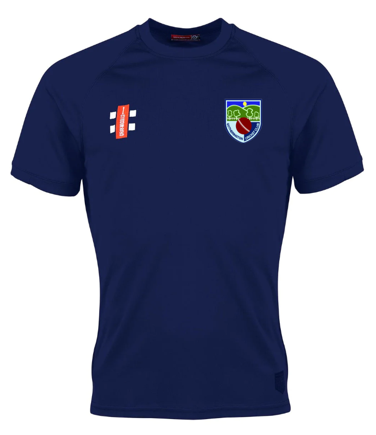 The Gray Nicolls Gotherington CC Matrix V2 T-Shirt in navy features moisture-wicking fabric, a Gotherington CC Badge (shield with red ball) on the left chest, white/red logo on the right, short sleeves, and a crew neck.