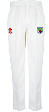The Gray Nicolls Gotherington CC Matrix V2 Cricket Trousers feature a tapered fit, moisture control for comfort, a red and black logo on the right thigh, and a multicolored bird and shield badge on the left thigh.