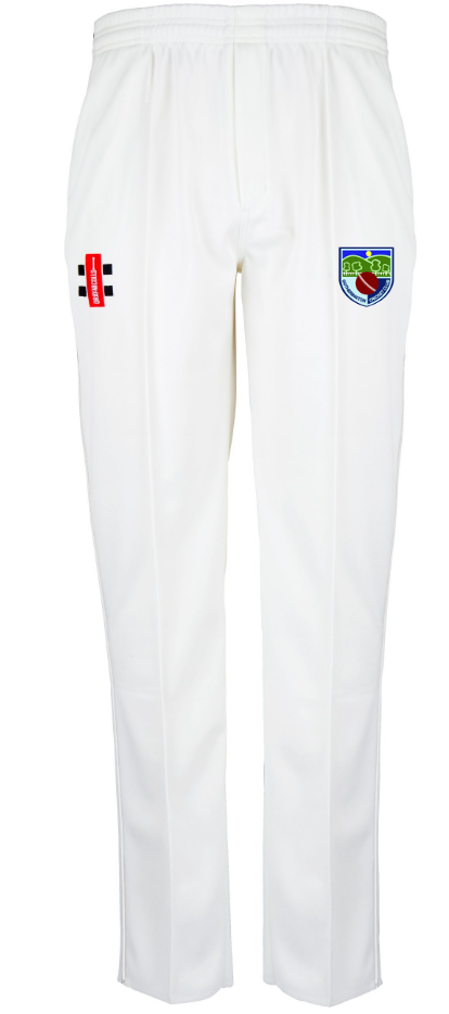 The Gray Nicolls Gotherington CC Matrix V2 Cricket Trousers feature a tapered fit, moisture control for comfort, a red and black logo on the right thigh, and a multicolored bird and shield badge on the left thigh.