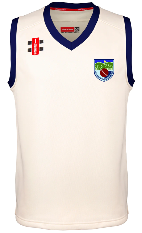 The Gray Nicolls Gotherington CC Pro Performance Slipover is a cream sleeveless cricket fleece with a navy V-neck, red logo on the right chest, and a green-blue crest on the left—ideal lightweight sportswear.