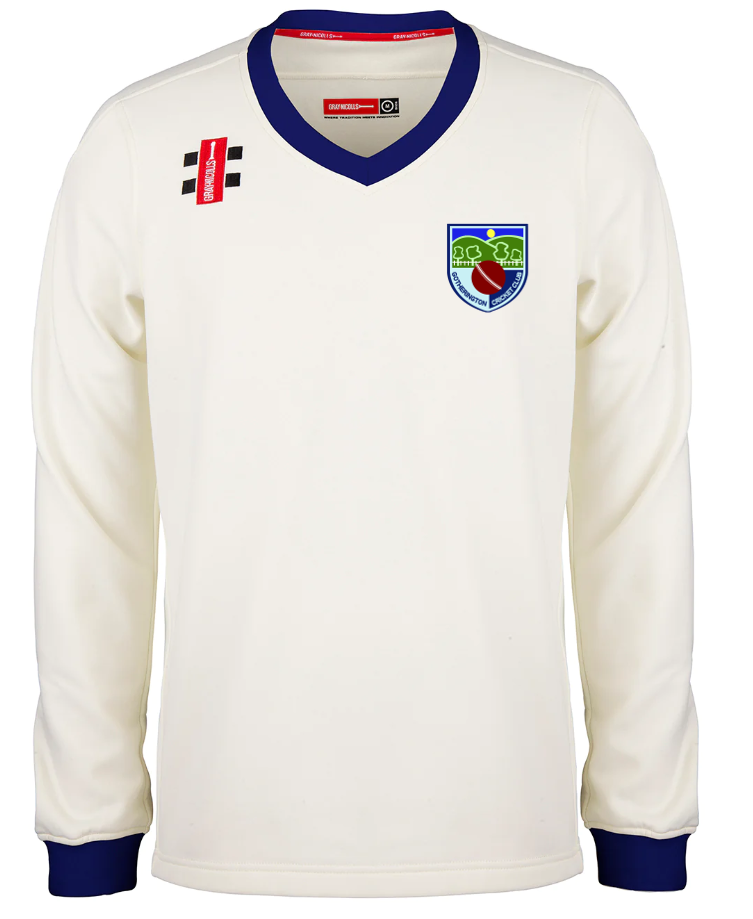 The Gotherington CC Pro Performance Sweater by Gray Nicolls is a cream long-sleeve cricket sweater with a blue collar and cuffs, logo on the left chest, and two black stripes with a red patch on the right shoulder.