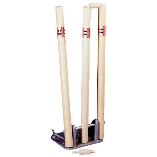 The Gray Nicolls Custom Printed Spring Back Stumps include three wooden stumps with two bails on a metal base. One bail is positioned in front for realistic cricket training and easy portability.