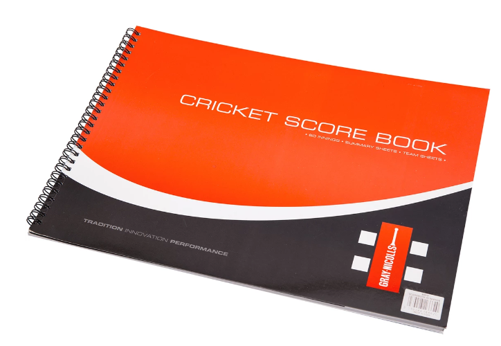 The Gray Nicolls 112 Innings Scorebook is a spiral-bound book with a red, white, and black cover. It’s ideal for recording detailed scores during cricket matches and features CRICKET SCORE BOOK and GRAY-NICOLLS on the front.