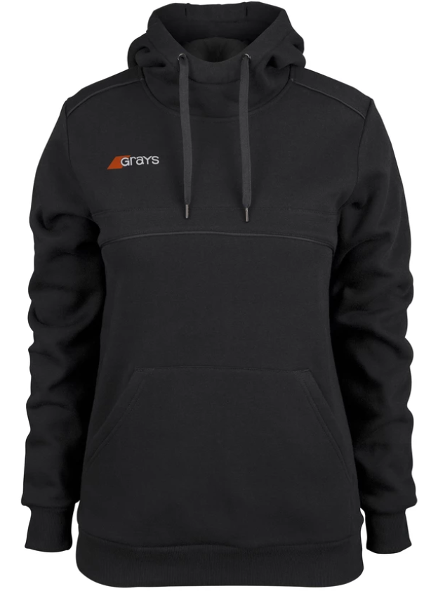 The Grays Ladies Point Hoodie is a black, long-sleeve fleece with a high collar, adjustable drawstrings, front pocket, ribbed cuffs, relaxed fit, and features the Grays logo in white and orange on the left chest.