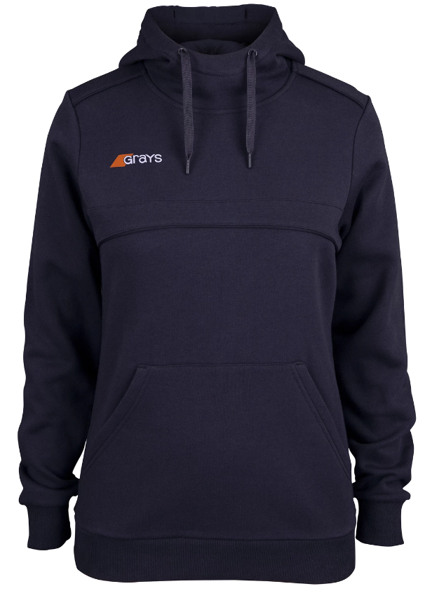 The Grays Ladies Point Hoodie is a navy blue cotton-polyester fleece with ribbed cuffs and hem, front pouch pocket, and an orange and white Grays logo on the left chest—your perfect training hoodie.