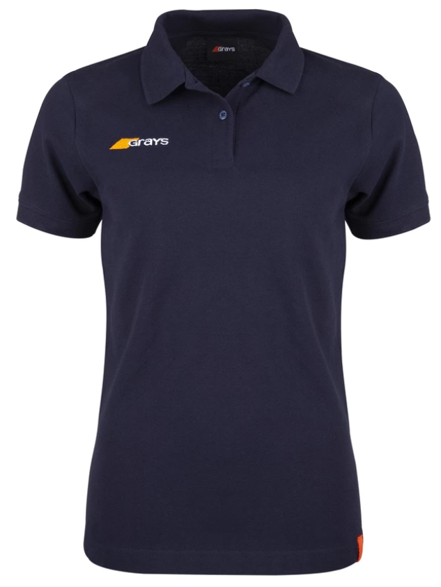 The Grays Ladies Tangent Polo Shirt is a navy blue, short-sleeved pique polo featuring a collar, three buttons, and the Grays logo in white and orange on the left chest for a classic casual fit.