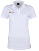 The Grays Ladies Tangent Polo Shirt is a plain white organic cotton short-sleeved polo with a collar, buttons, small orange and gray Grays logo on the left chest, textured pique material, and a red tag at the hem.