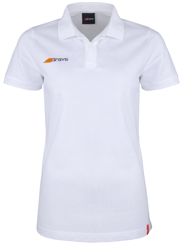 The Grays Ladies Tangent Polo Shirt is a plain white organic cotton short-sleeved polo with a collar, buttons, small orange and gray Grays logo on the left chest, textured pique material, and a red tag at the hem.