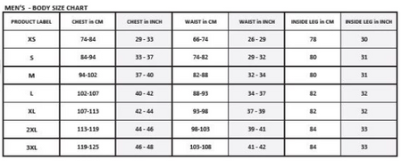 A men's body size chart for the Grays Mens Tangent Polo Shirt by Grays shows chest, waist, and inside leg measurements (cm/inches) for sizes XS–3XL to help you find the perfect fit. Measurements are organized in a convenient table format.