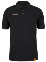 The Grays Junior Tangent Polo Shirt is a black short-sleeve polo in soft pique fabric, featuring a collar, three buttons, white and orange Grays logo on the left chest, orange tag at the hem—ideal for a casual look.