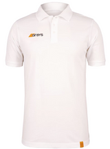 The Grays Mens Tangent Polo Shirt is a white organic cotton polo with short sleeves, a collar, buttons, the Grays logo in black and orange on the chest, an orange tag at the hem, and a casual fit in soft pique for comfort.