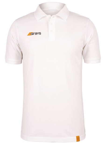 The Grays Junior Tangent Polo Shirt is a casual-fit, short-sleeved organic cotton polo with a collar and buttons. It features the Grays logo in black and orange on the left chest and a small orange tag near the hem.