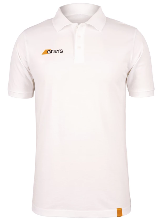 The Grays Junior Tangent Polo Shirt is a casual-fit, short-sleeved organic cotton polo with a collar and buttons. It features the Grays logo in black and orange on the left chest and a small orange tag near the hem.