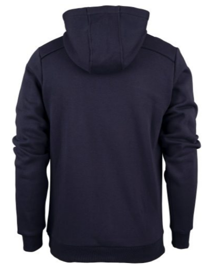 The Grays Ladies Point Hoodie by Grays is a navy blue fleece sweatshirt with a hood, long sleeves, ribbed cuffs and hem, and a plain back. Made from a soft cotton-polyester blend, it has no visible logos or patterns.