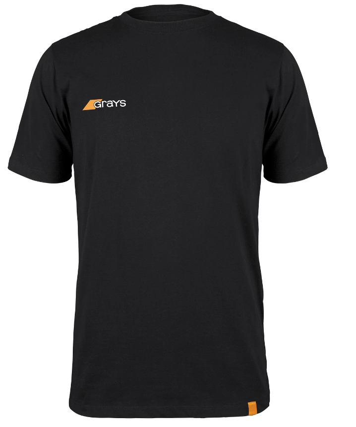 The Grays Junior Tangent Tee Shirt is a black organic cotton tee with a small white and orange Grays logo on the left chest and an orange tab near the hem. This casual fit shirt is plain except for these details.