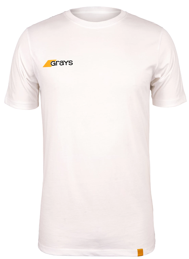 The Grays Junior Tangent Tee Shirt is a plain white organic cotton tee with a small black Grays logo featuring a yellow accent on the left chest and a yellow tag near the hem, offering casual comfort and style.