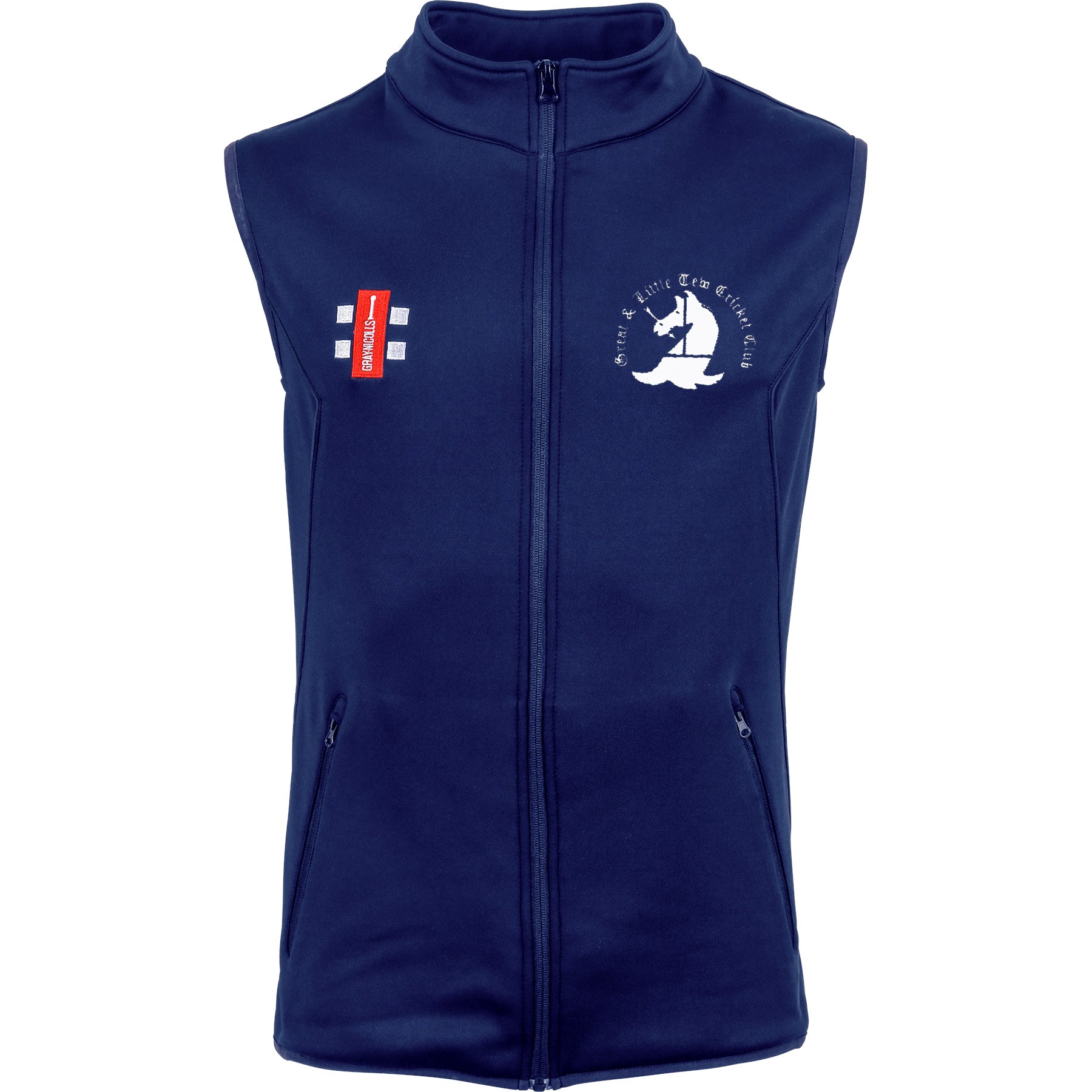 The Great Tew CC Storm Gilet by Gray Nicolls is a sleeveless navy blue micro fleece vest with two zippered pockets, a red rectangular patch with white text on the left chest, and a white rowing logo with circular text on the right.